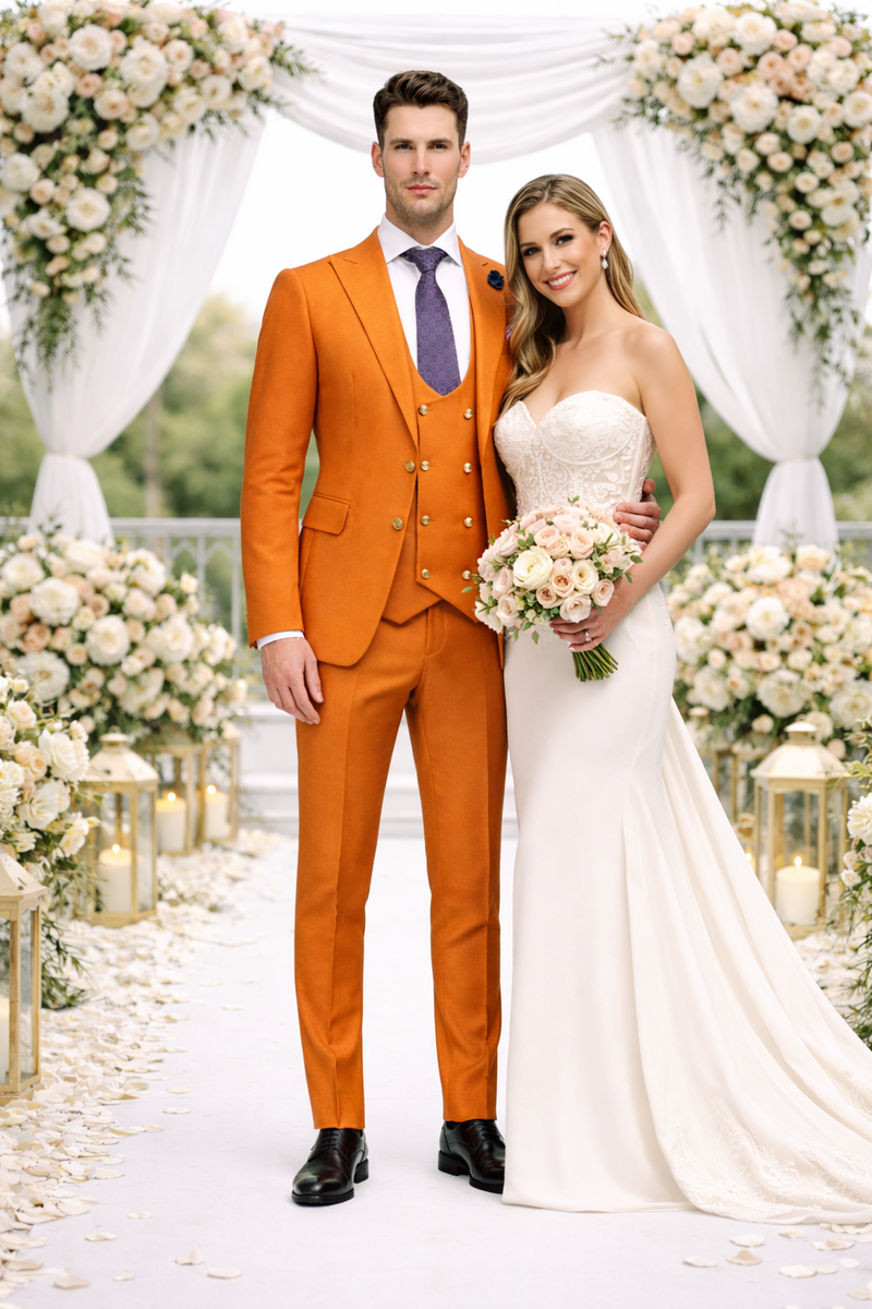 Rossiman Men's Rust Slim Fit Suit â€“ 3-Piece Set with Double-Breasted Vest & Flat Front Pants