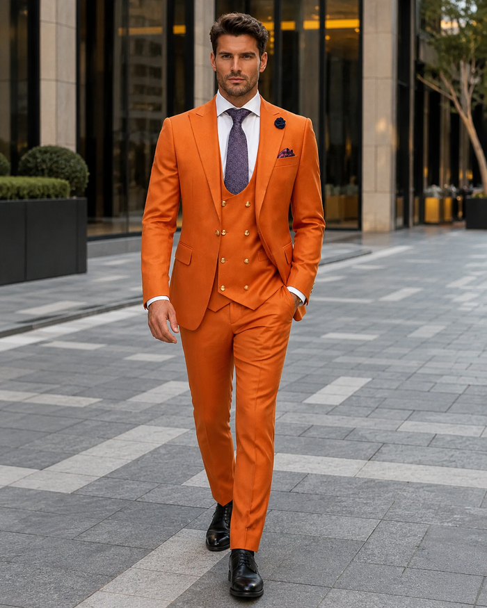 Rossiman Men's Rust Slim Fit Suit â€“ 3-Piece Set with Double-Breasted Vest & Flat Front Pants