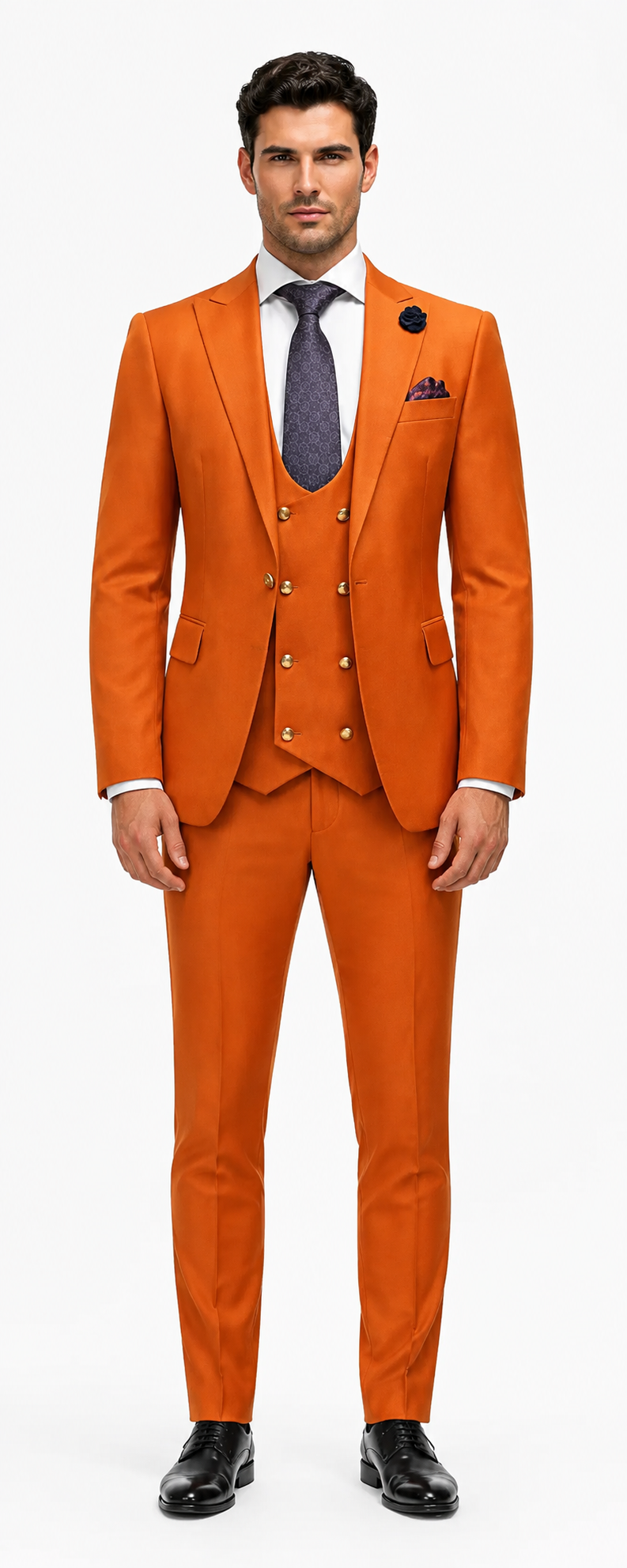 Rossiman Men's Rust Slim Fit Suit â€“ 3-Piece Set with Double-Breasted Vest & Flat Front Pants