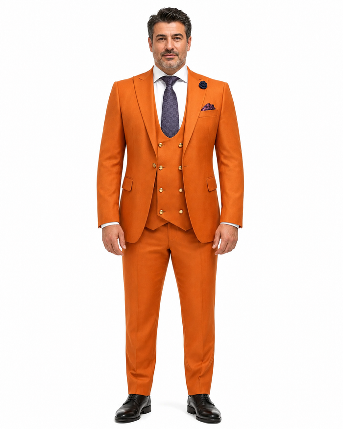 Rossiman Men's Rust Slim Fit Suit â€“ 3-Piece Set with Double-Breasted Vest & Flat Front Pants