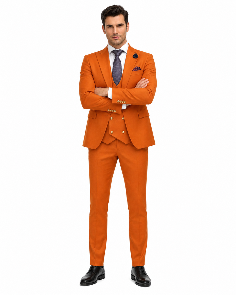 Rossiman Men's Rust Slim Fit Suit â€“ 3-Piece Set with Double-Breasted Vest & Flat Front Pants