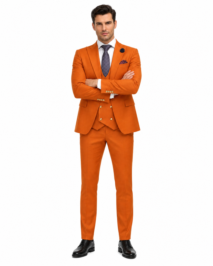 Rossiman Men's Rust Slim Fit Suit â€“ 3-Piece Set with Double-Breasted Vest & Flat Front Pants