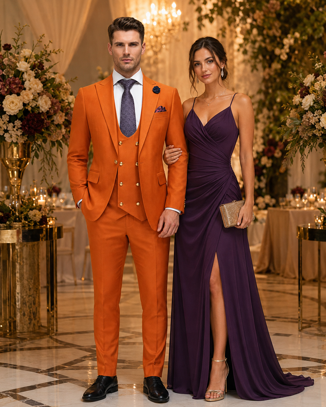 Rossiman Men's Rust Slim Fit Suit â€“ 3-Piece Set with Double-Breasted Vest & Flat Front Pants