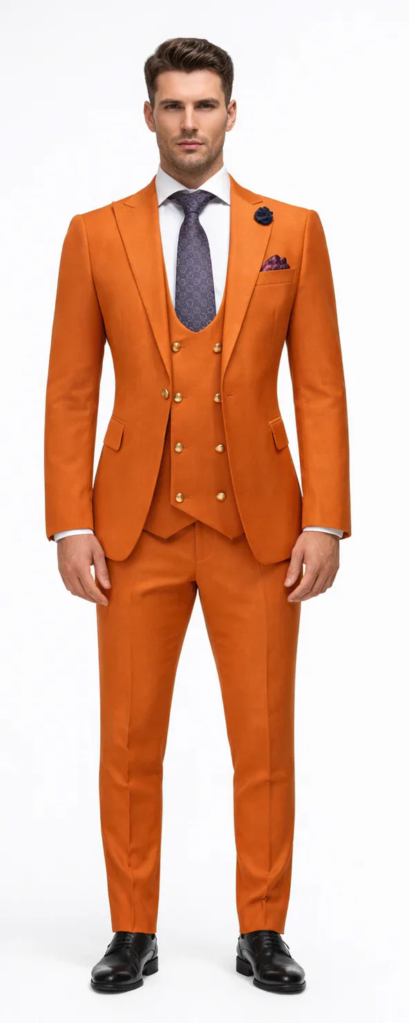 Rossiman Men's Rust Slim Fit Suit â€“ 3-Piece Set with Double-Breasted Vest & Flat Front Pants