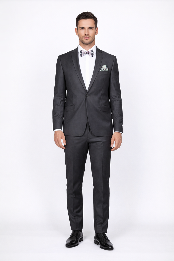 Rossiman Men's Slim Fit Gray Wool Suit â€“ 1-Button Peak Lapel Jacket & Tapered Low-Rise Pants