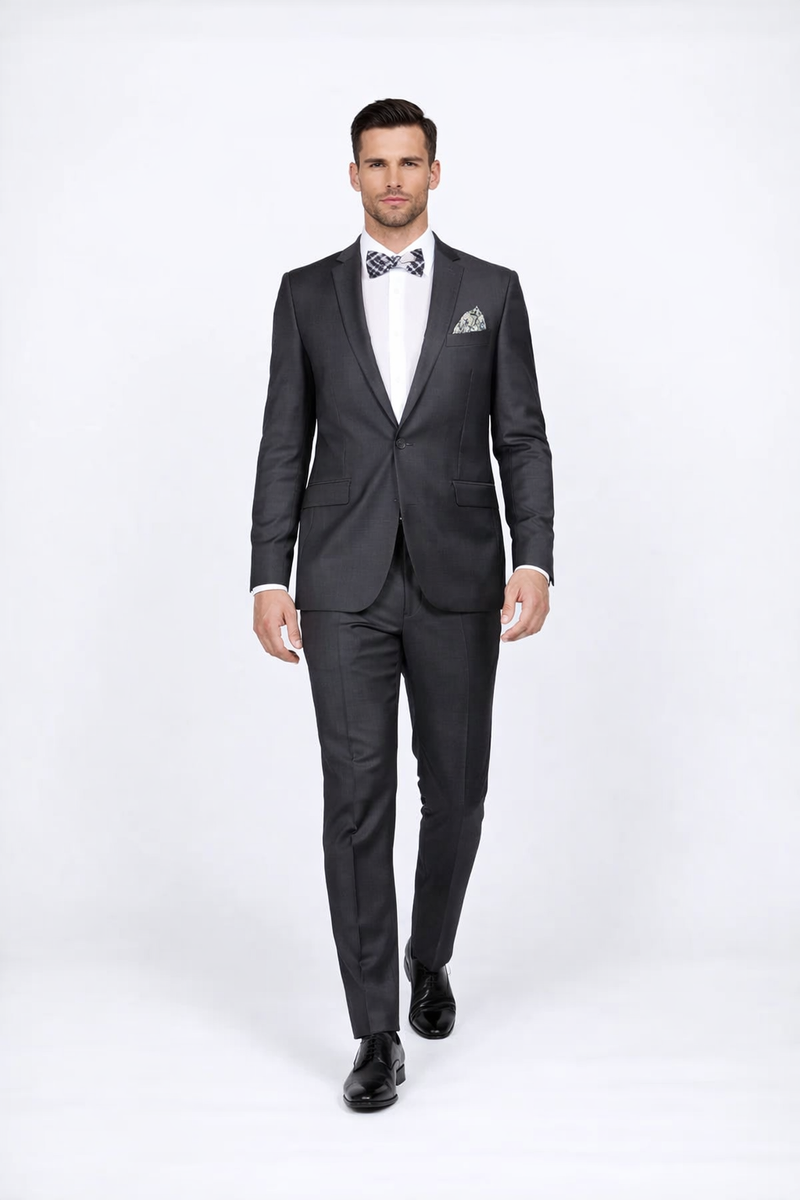 Rossiman Men's Slim Fit Gray Wool Suit â€“ 1-Button Peak Lapel Jacket & Tapered Low-Rise Pants