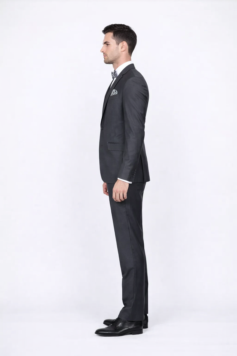 Rossiman Men's Slim Fit Gray Wool Suit â€“ 1-Button Peak Lapel Jacket & Tapered Low-Rise Pants