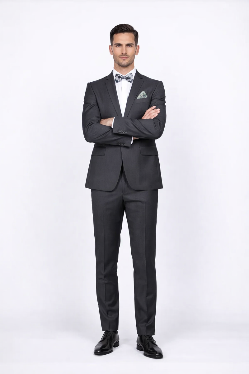 Rossiman Men's Slim Fit Gray Wool Suit â€“ 1-Button Peak Lapel Jacket & Tapered Low-Rise Pants