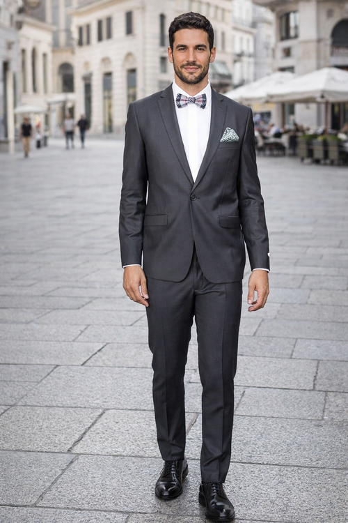 Rossiman Men's Slim Fit Gray Wool Suit â€“ 1-Button Peak Lapel Jacket & Tapered Low-Rise Pants
