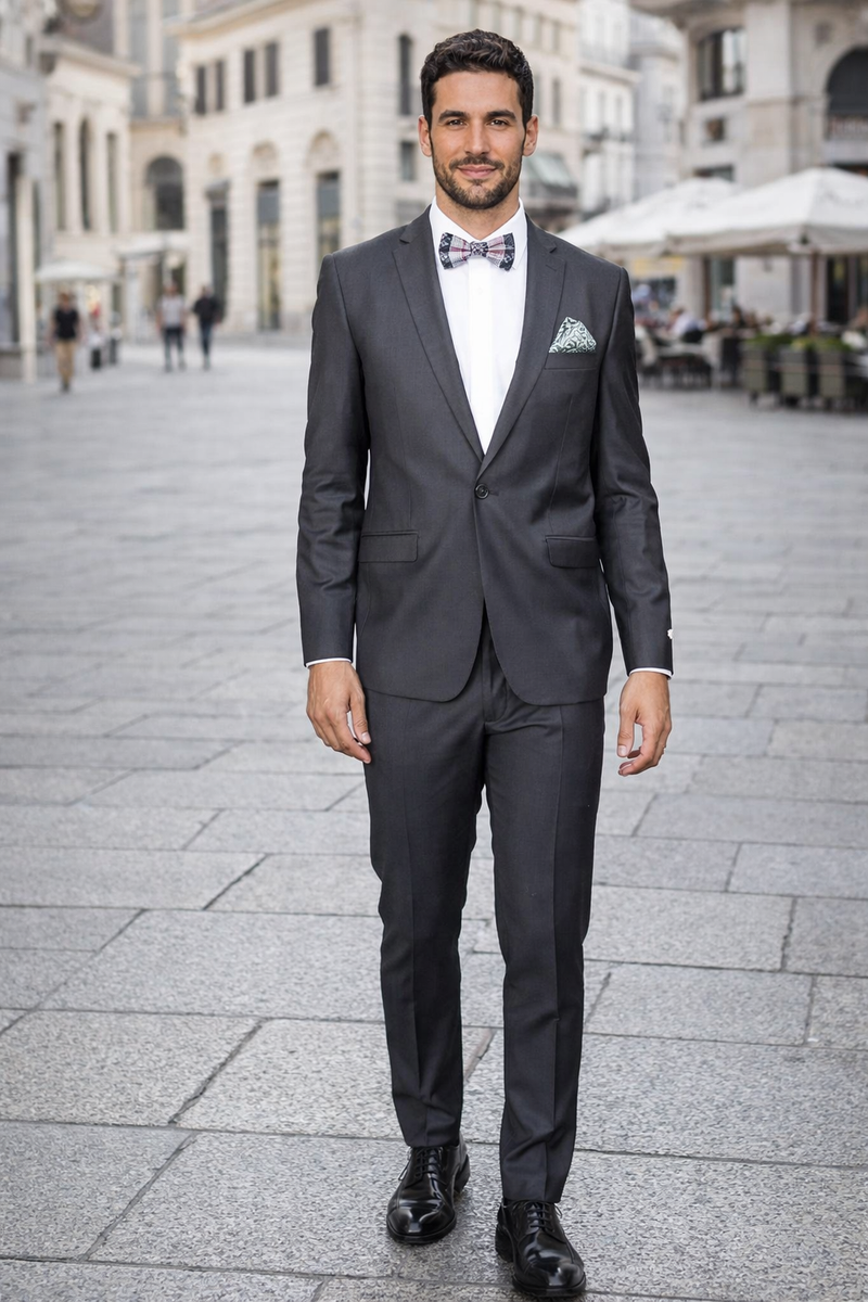 Rossiman Men's Slim Fit Gray Wool Suit â€“ 1-Button Peak Lapel Jacket & Tapered Low-Rise Pants