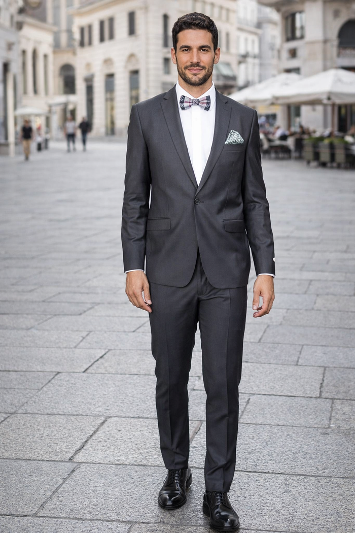 Rossiman Men's Slim Fit Gray Wool Suit â€“ 1-Button Peak Lapel Jacket & Tapered Low-Rise Pants