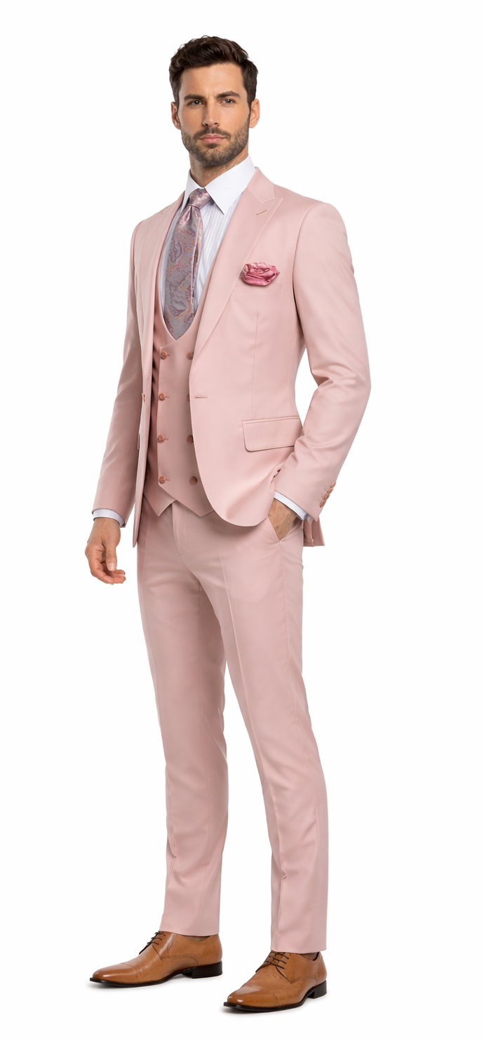 Rossiman Men's Slim Fit Pink Suit â€“ Elegant Double-Breasted Vest & Tailored Flat Front Pants