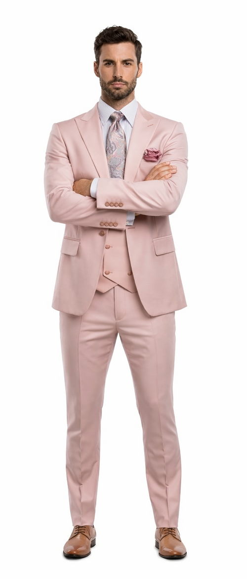 Rossiman Men's Slim Fit Pink Suit â€“ Elegant Double-Breasted Vest & Tailored Flat Front Pants