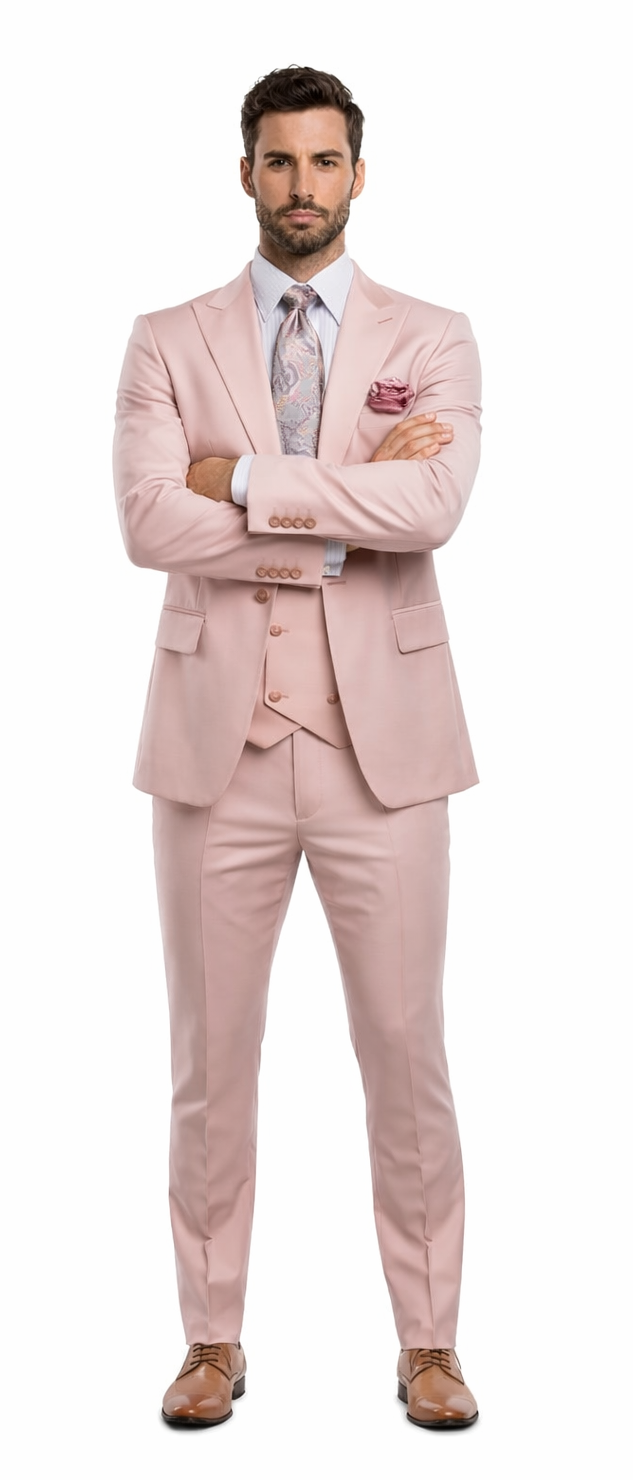 Rossiman Men's Slim Fit Pink Suit â€“ Elegant Double-Breasted Vest & Tailored Flat Front Pants