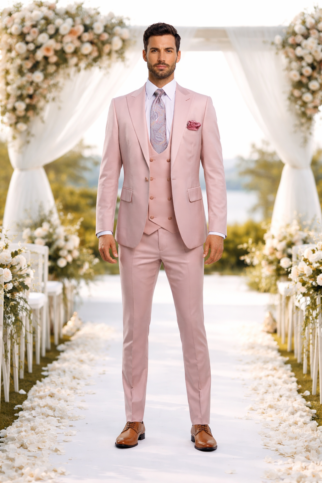 Rossiman Men's Slim Fit Pink Suit â€“ Elegant Double-Breasted Vest & Tailored Flat Front Pants