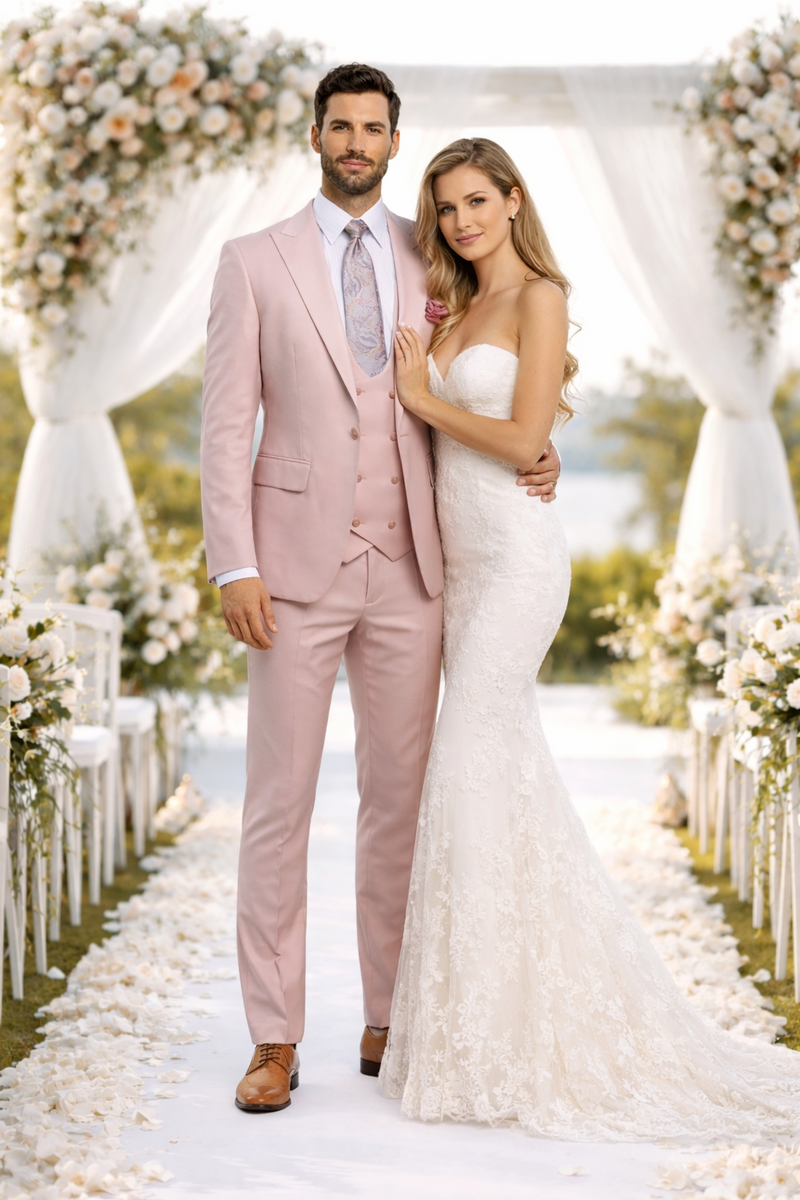 Rossiman Men's Slim Fit Pink Suit â€“ Elegant Double-Breasted Vest & Tailored Flat Front Pants