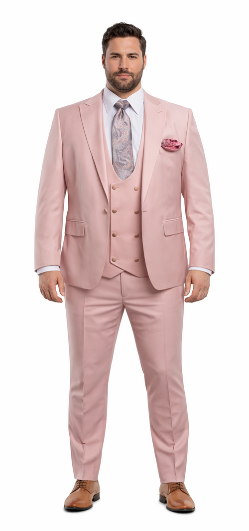 Rossiman Men's Slim Fit Pink Suit â€“ Elegant Double-Breasted Vest & Tailored Flat Front Pants