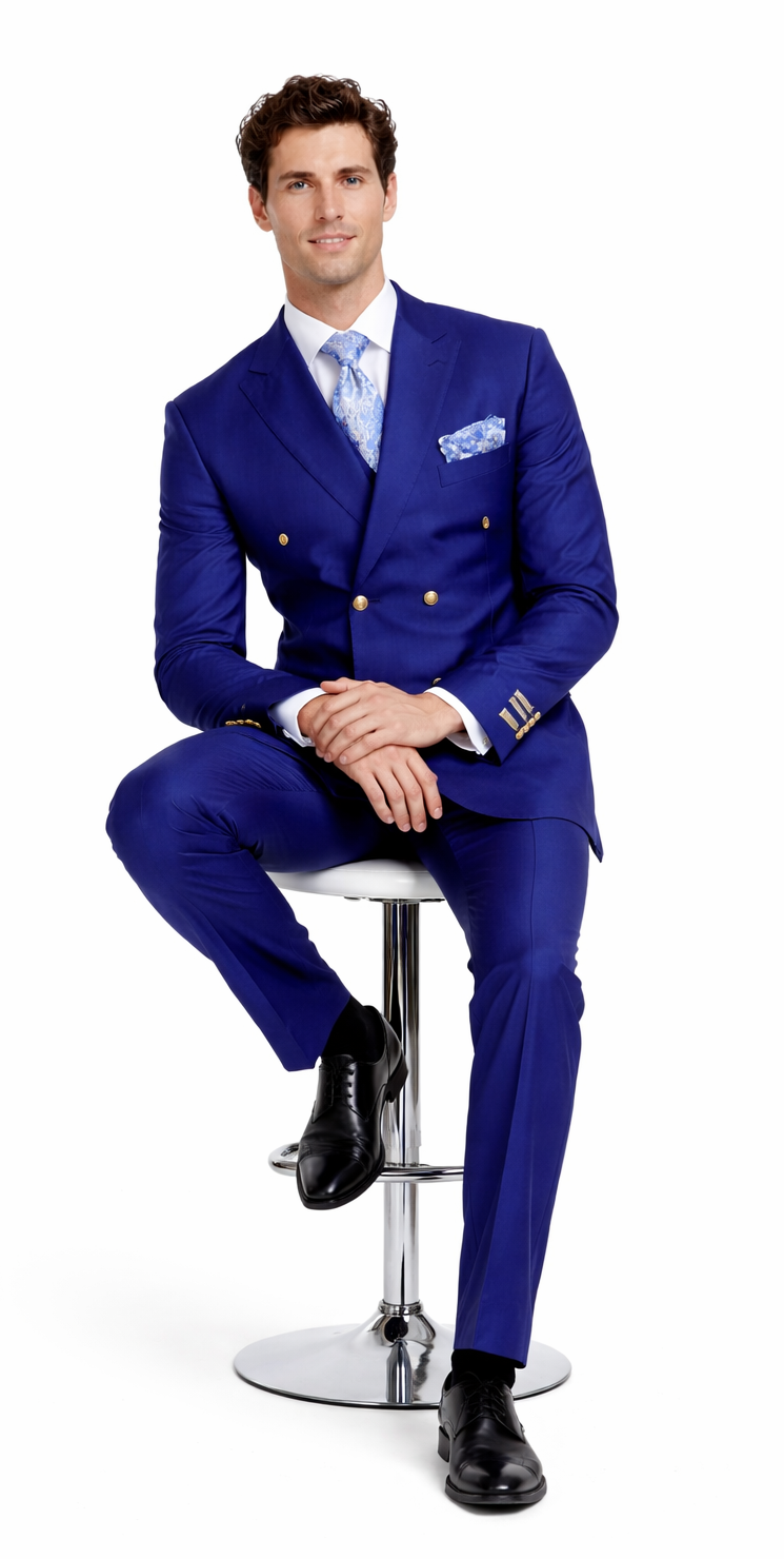 Rossiman Men's Slim Fit Royal Blue Suit â€“ Double-Breasted Elegance