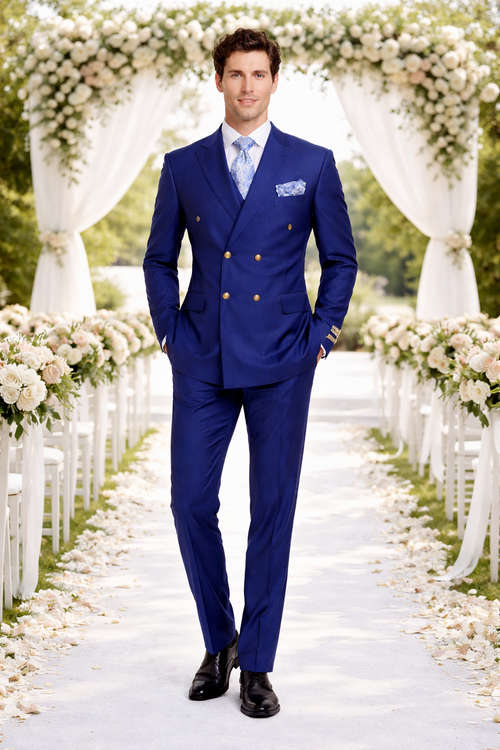 Rossiman Men's Slim Fit Royal Blue Suit â€“ Double-Breasted Elegance