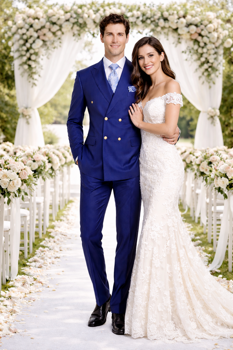 Rossiman Men's Slim Fit Royal Blue Suit â€“ Double-Breasted Elegance