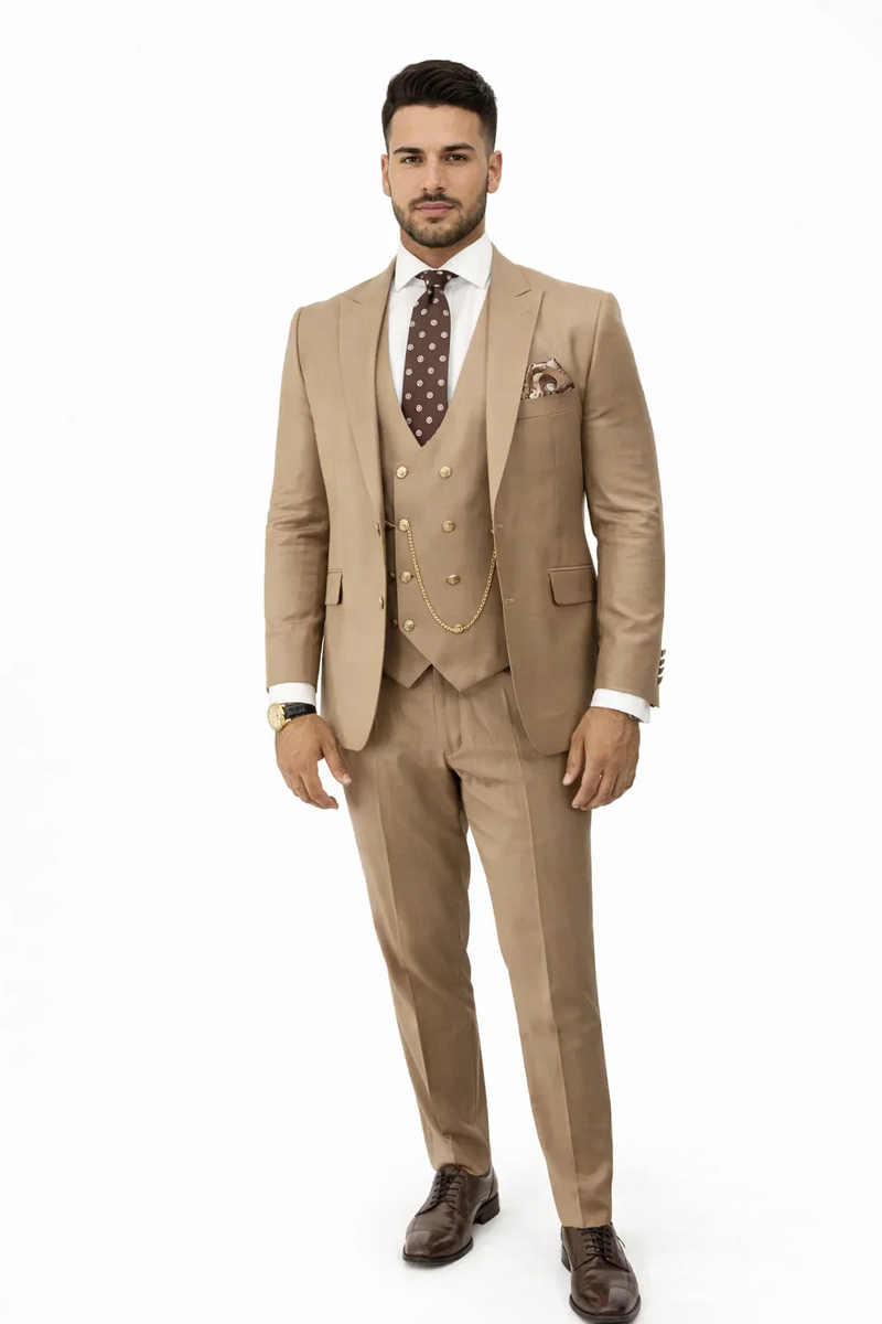 Rossiman Mens Tan Suit - Gold Buttons & Double-Breasted Vest Elegance
