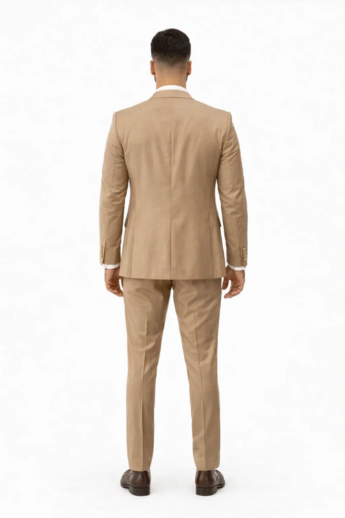 Rossiman Menâ€™s Tan Suit â€“ Gold Buttons & Double-Breasted Vest Elegance