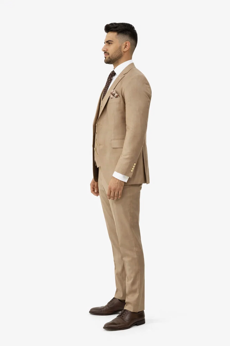 Rossiman Mens Tan Suit - Gold Buttons & Double-Breasted Vest Elegance