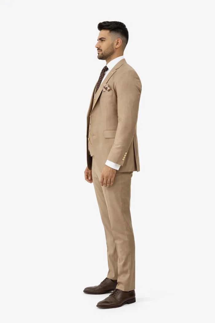 Rossiman Mens Tan Suit - Gold Buttons & Double-Breasted Vest Elegance