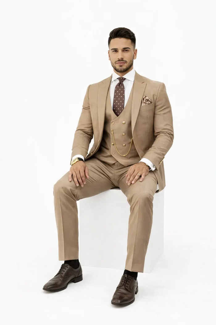 Rossiman Mens Tan Suit - Gold Buttons & Double-Breasted Vest Elegance