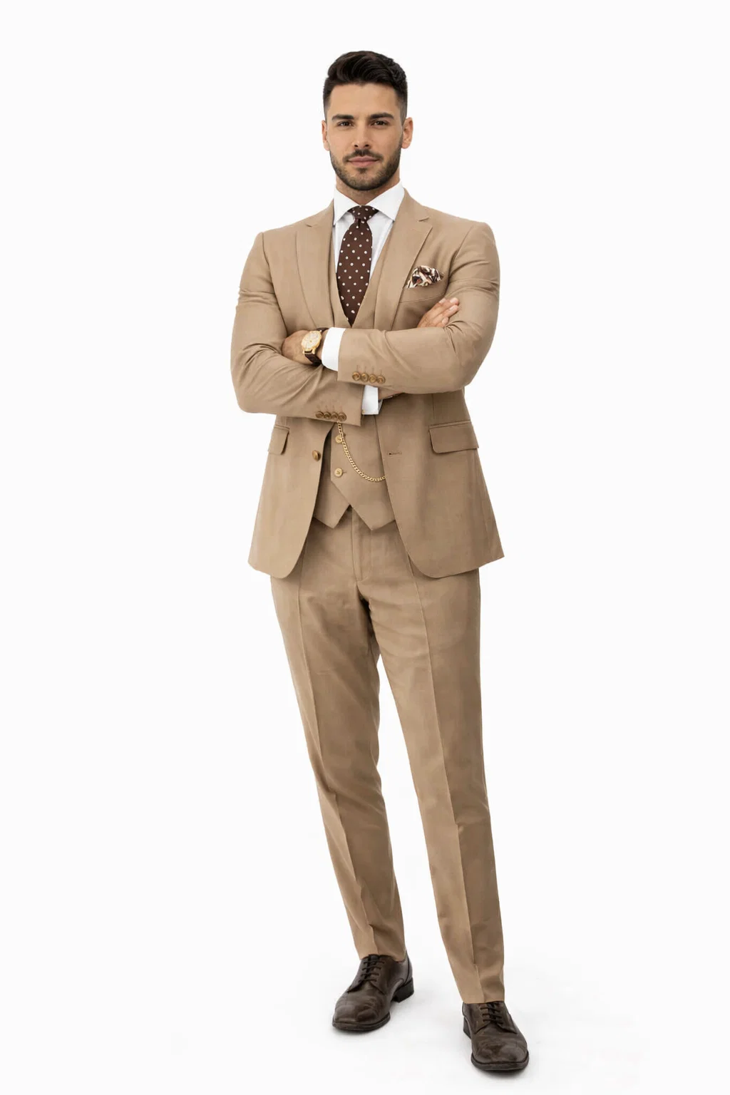 Rossiman Menâ€™s Tan Suit â€“ Gold Buttons & Double-Breasted Vest Elegance