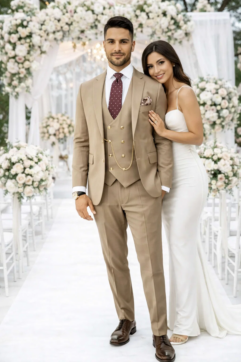 Rossiman Mens Tan Suit - Gold Buttons & Double-Breasted Vest Elegance