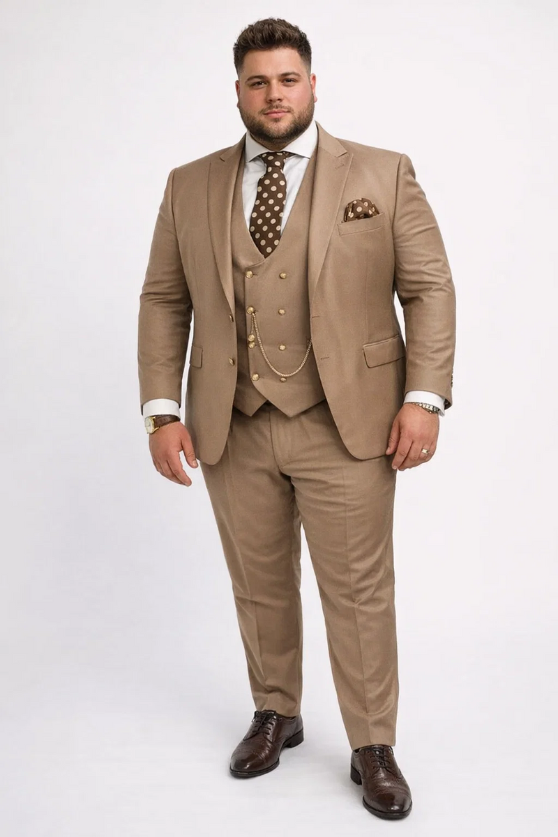 Rossiman Mens Tan Suit - Gold Buttons & Double-Breasted Vest Elegance