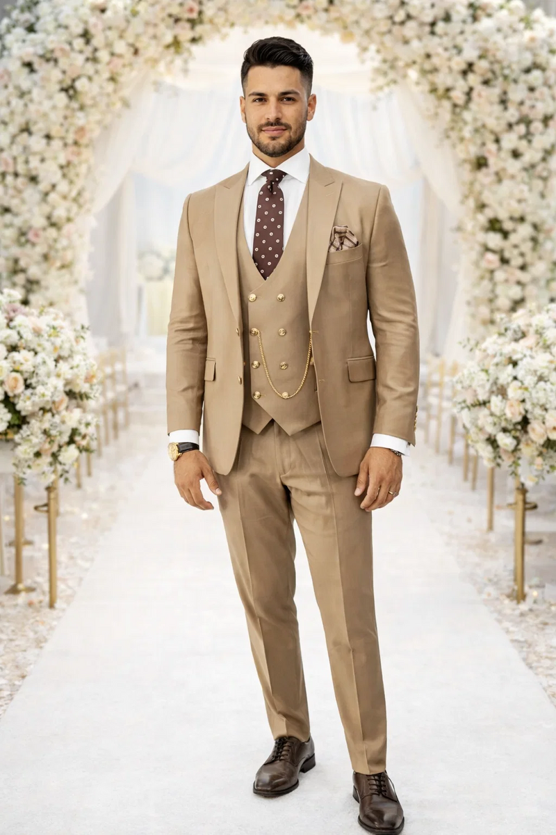 Rossiman Mens Tan Suit - Gold Buttons & Double-Breasted Vest Elegance