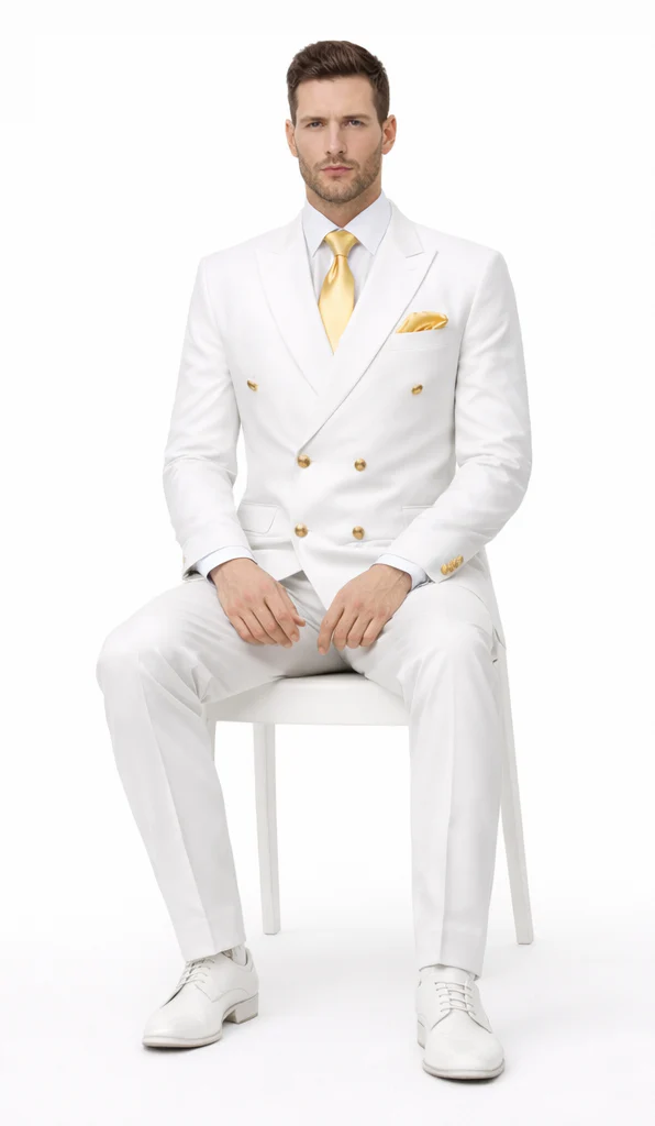 Rossiman Men's White Slim Fit Suit â€“ Double-Breasted 3-Piece Formal Ensemble