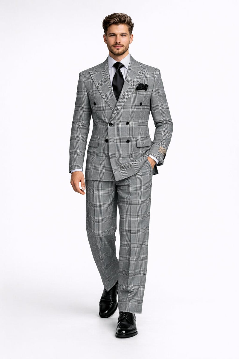 Suits With Baggy Pleated Pants - Wide Leg Pants 100% Wool - Classic Fit in Black and White Plaid Color by Rossiman