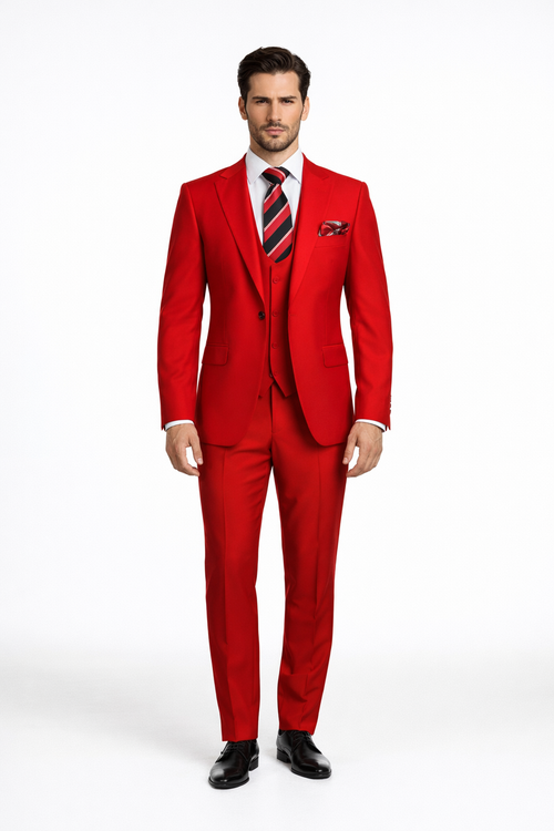 Rossiman Mens Red Slim Fit Suit Stylish Double-Breasted Jacket