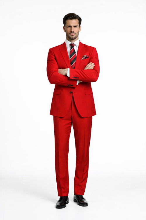 Rossiman Mens Red Slim Fit Suit Stylish Double-Breasted Jacket