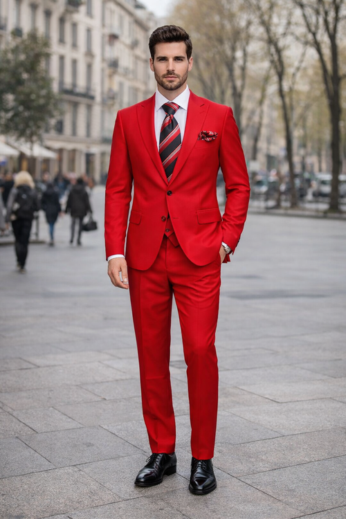 Rossiman Mens Red Slim Fit Suit Stylish Double-Breasted Jacket