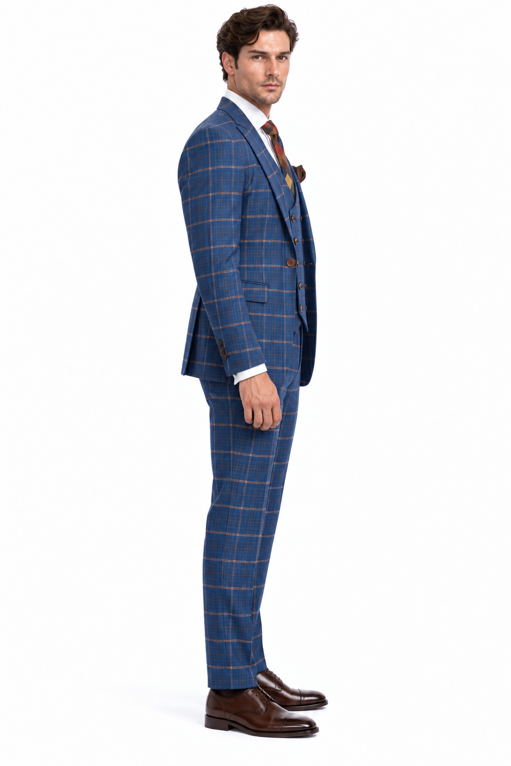 Rossiman Mens Navy & Gray Plaid Suit - Classic Windowpane Double-Breasted Design