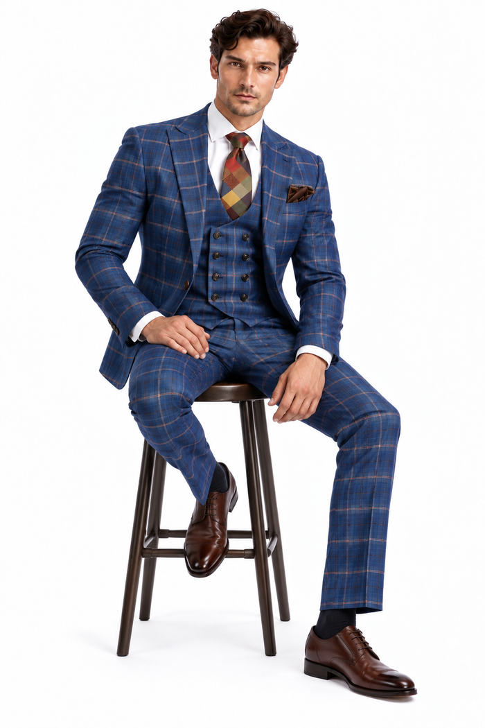 Rossiman Mens Navy & Gray Plaid Suit - Classic Windowpane Double-Breasted Design