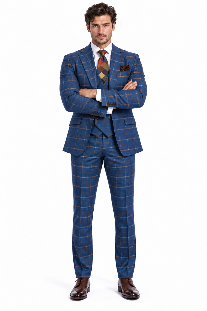 Rossiman Mens Navy & Gray Plaid Suit - Classic Windowpane Double-Breasted Design
