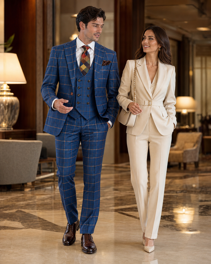 Rossiman Mens Navy & Gray Plaid Suit - Classic Windowpane Double-Breasted Design