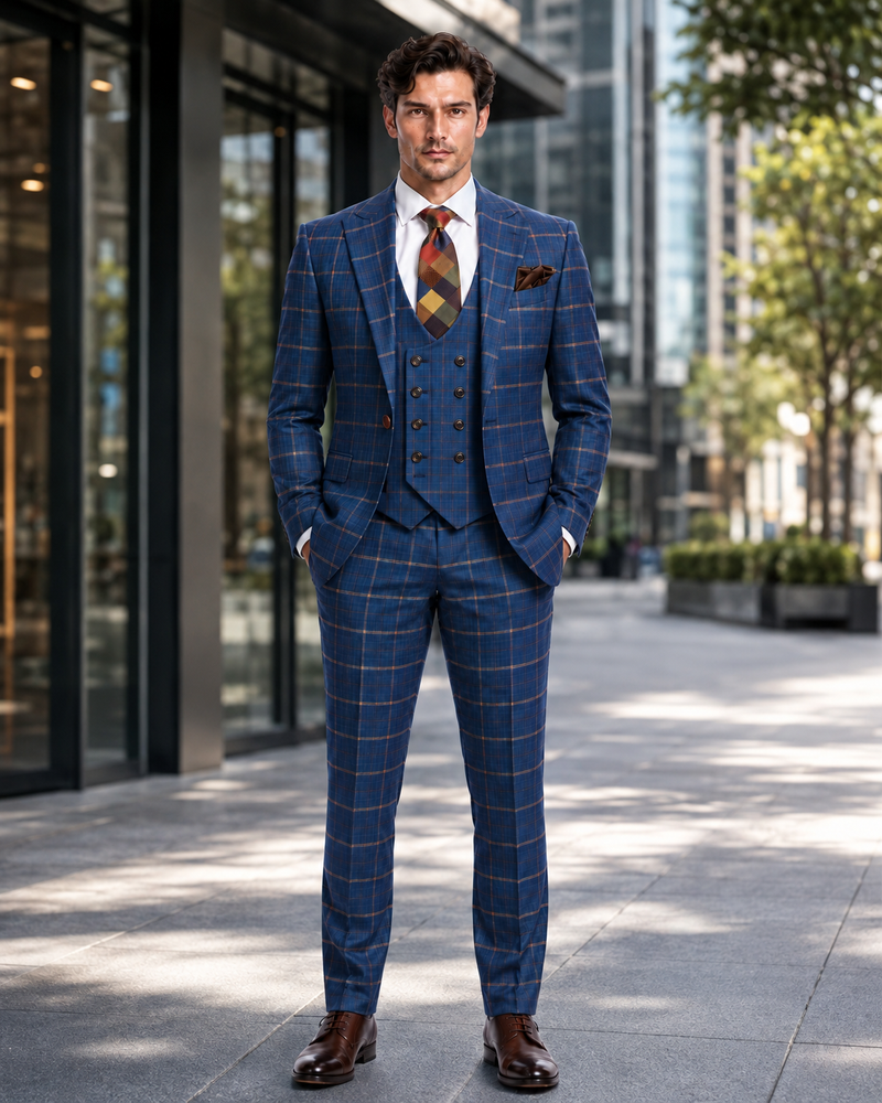 Rossiman Mens Navy & Gray Plaid Suit - Classic Windowpane Double-Breasted Design