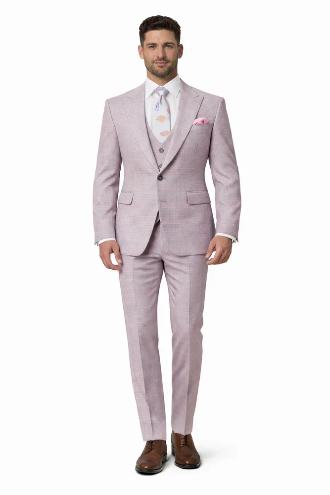 Rossiman Sharkskin Gray Plaid Suit â€“ Double-Breasted Windowpane Suit for Men