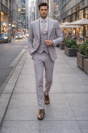 Rossiman Sharkskin Gray Plaid Suit â€“ Double-Breasted Windowpane Suit for Men