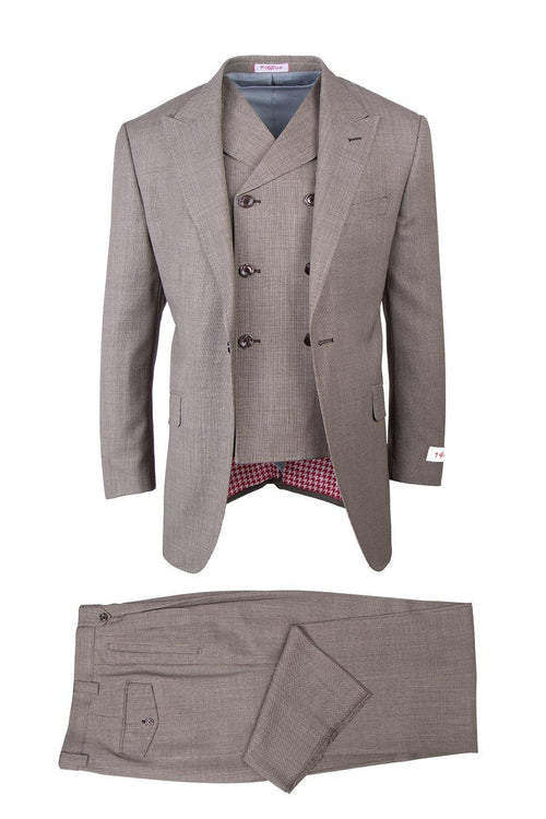 Tiglio Italian suit: light brown, double-breasted jacket with notch lapel, and matching trousers. Interior red houndstooth. Fine weave fabric. Jacket: two front pockets. Trousers: flat-front, rear pocket.

