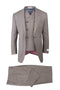 Tiglio Italian suit: light brown, double-breasted jacket with notch lapel, and matching trousers. Interior red houndstooth. Fine weave fabric. Jacket: two front pockets. Trousers: flat-front, rear pocket.
