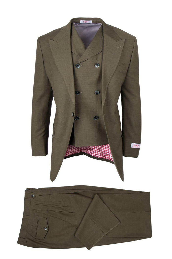 Olive green Tiglio double-breasted suit. Structured jacket, notched lapels, black buttons. Houndstooth lining (red/white). Straight-leg trousers in matching olive fabric. Italian tailoring.
