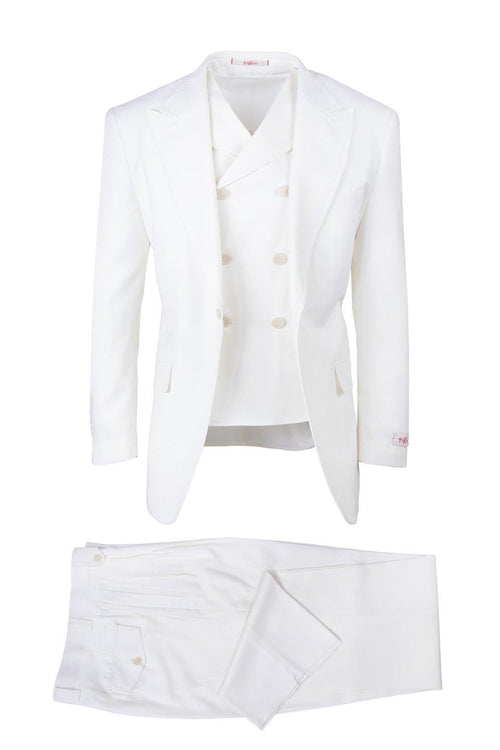 Tiglio Italian suit: Double-breasted white blazer (structured lapel, 4 buttons) & tailored trousers (slight taper). Clean lines, modern fit. Blazer: chest & side pockets. Trousers: front & rear pockets.