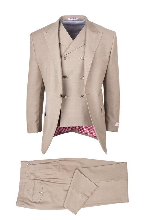 Beige Tiglio Italian suit: double-breasted jacket with notched lapel & layered under-jacket. Straight-leg trousers. Jacket interior: red/white houndstooth. Side pocket & button closure.
